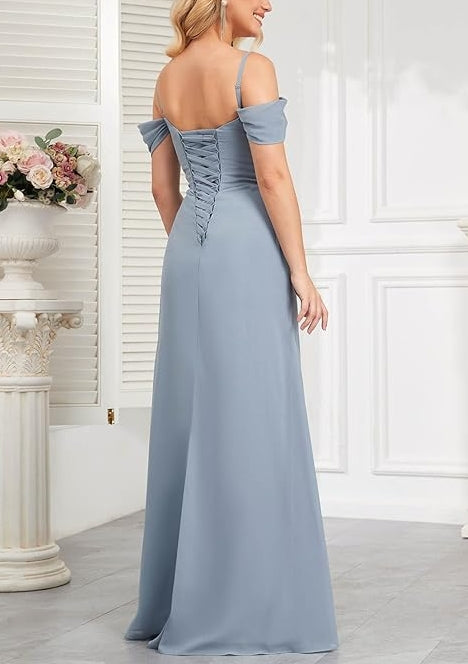 Women‘s Off The Shoulder Prom Dresses Long Pleated Chiffon Long Formal  Bridesmaid Gown with Slit